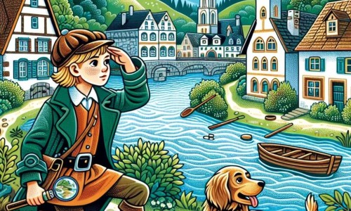 Une illustration destinée aux enfants représentant une petite fille intrépide, accompagnée de son fidèle ami, enquêtant sur la mystérieuse disparition d'un vieil homme, dans un village pittoresque bordé d'une rivière scintillante et entouré de collines verdoyantes.