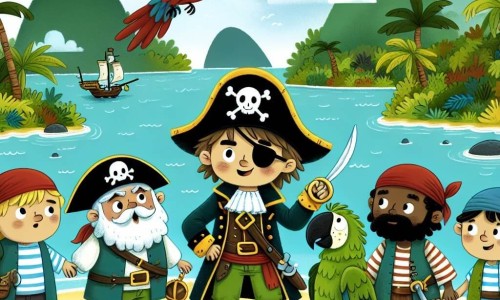 Une illustration destinée aux enfants représentant un courageux capitaine pirate, entouré de son fidèle équipage et de leur perroquet malicieux, explorant une île mystérieuse aux jungles luxuriantes et aux côtes escarpées, en quête d'un trésor légendaire.