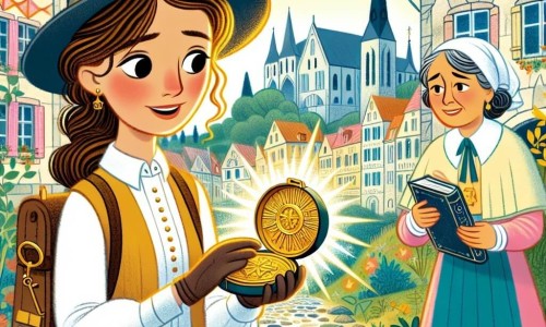 Une illustration destinée aux enfants représentant une jeune fille archéologue passionnée découvrant un mystérieux médaillon en or, accompagnée d'une bibliothécaire bienveillante, dans une petite ville pittoresque aux maisons colorées et aux rues pavées de Saint-Pierre.