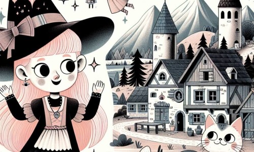 Une illustration destinée aux enfants représentant une jeune sorcière débutante aux cheveux roses et à l'esprit facétieux, accompagnée de son chat bavard, vivant dans un village niché au creux des montagnes, où la magie se mêle à la fantaisie.