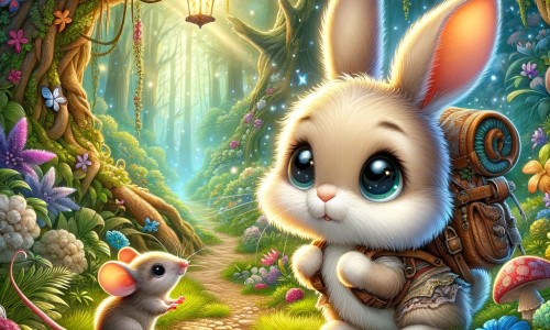 Une illustration destinée aux enfants représentant un adorable lapin aventurier, perdu dans une dense forêt enchantée, faisant la rencontre d'une souris bienveillante, tout en cherchant son chemin pour rentrer chez lui.