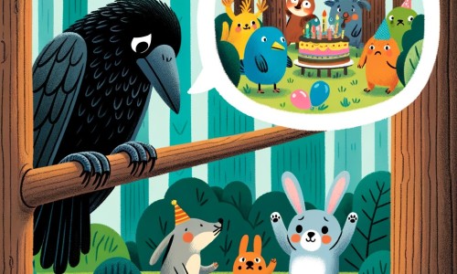 Une illustration destinée aux enfants représentant un corbeau solitaire, perché sur une branche d'arbre dans une forêt dense, observant avec tristesse les autres animaux s'amuser lors d'une fête animée, avec un petit lapin nommé Pompon qui l'invite à se joindre à eux.