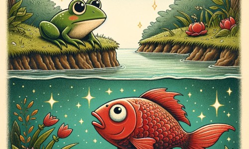 Une illustration destinée aux enfants représentant une petite grenouille intrépide se trouvant au bord d'une mare enchantée, où elle rencontre un poisson rouge en détresse.