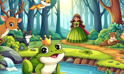 Une illustration destinée aux enfants représentant une grenouille curieuse et espiègle, se trouvant dans une mare enchantée au cœur d'une forêt luxuriante, accompagnée d'une princesse aventurière.