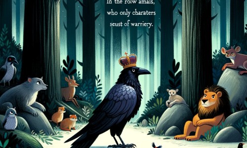 Une illustration destinée aux enfants représentant un élégant corbeau solitaire, courageux et intelligent, qui se trouve dans une sombre forêt dense, entouré d'animaux méfiants mais curieux qui l'observent avec méfiance.