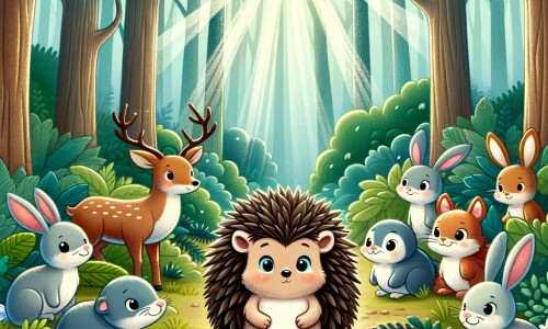 Une illustration pour enfants représentant un petit animal piquant et lent qui vit dans une forêt entouré de ses amis, dont un lièvre qui se moque souvent de lui.