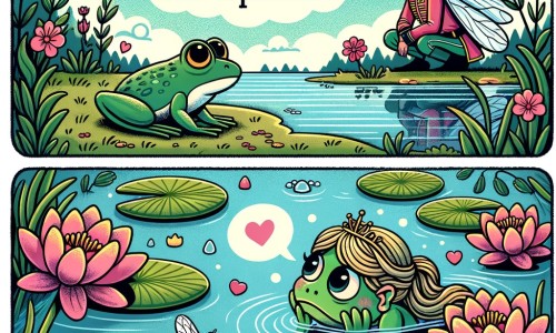 Une illustration pour enfants représentant une grenouille solitaire et rêveuse, vivant dans une mare paisible, qui tombe amoureuse d'un prince qu'elle aperçoit dans les bois.