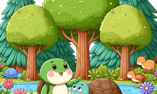 Une illustration destinée aux enfants représentant une petite grenouille joyeuse et curieuse, se liant d'amitié avec une tortue triste, dans une forêt luxuriante remplie d'arbres majestueux, de fleurs colorées et d'animaux espiègles.