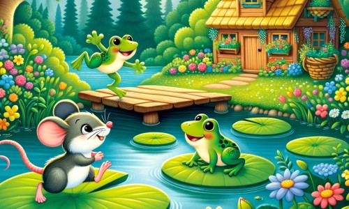 Une illustration pour enfants représentant une petite souris curieuse qui se lance dans une compétition avec des grenouilles dans une charmante maisonnette au cœur d'une forêt enchantée.