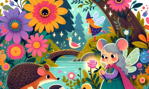 Une illustration pour enfants représentant une petite souris curieuse qui part à l'aventure dans une mystérieuse forêt enchantée.