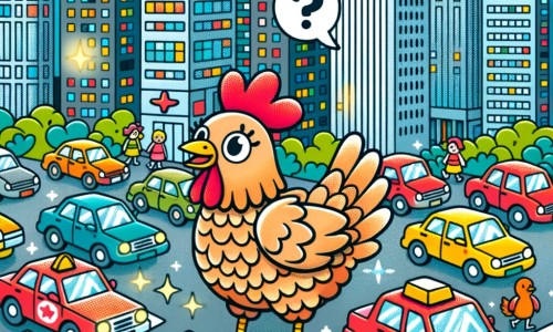 Une illustration pour enfants représentant une poule malicieuse vivant dans une ferme, qui se retrouve embarquée dans une grande aventure après s'être cachée dans un camion qui l'emmène dans une ville animée.