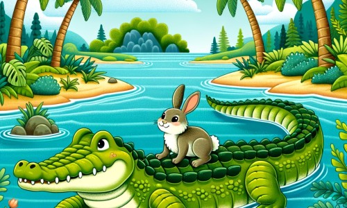 Une illustration destinée aux enfants représentant un majestueux crocodile, résidant dans une rivière luxuriante, invitant un adorable lapin à monter sur son dos pour explorer une île enchantée.