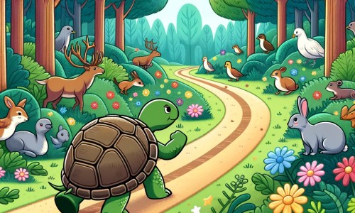 Une illustration destinée aux enfants représentant une tortue déterminée, entourée de divers animaux de la forêt, courant sur un chemin sinueux bordé de fleurs colorées au cœur d'une luxuriante forêt verdoyante.