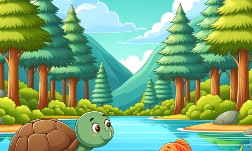 Une illustration destinée aux enfants représentant une tortue solitaire dans une forêt luxuriante, accompagnée d'un jeune poisson curieux, près d'un magnifique lac aux eaux cristallines.