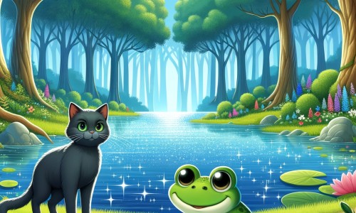 Une illustration destinée aux enfants représentant une petite grenouille curieuse, se trouvant face à un grand lac étincelant, accompagnée d'un chat noir mystérieux, dans une forêt luxuriante aux arbres majestueux et aux fleurs colorées.