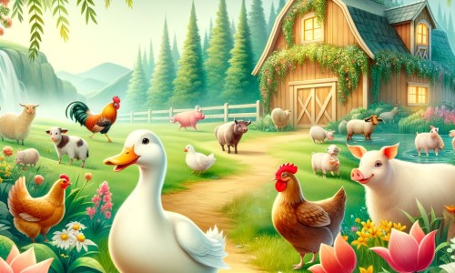 Une illustration pour enfants représentant un canard solitaire à la recherche d'amitié dans une ferme enchantée.