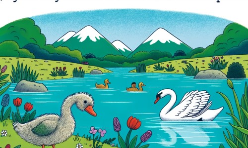 Une illustration pour enfants représentant un canard différent des autres, rejeté par sa famille et cherchant ses vraies origines, dans un monde peuplé d'autres animaux.