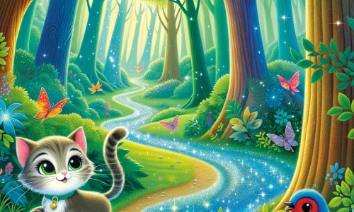 Une illustration destinée aux enfants représentant un chat malicieux et curieux se promenant dans une forêt enchantée, accompagné d'un oiseau coloré, au milieu d'arbres majestueux aux feuilles chatoyantes et d'un ruisseau scintillant.