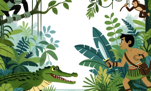 Une illustration destinée aux enfants représentant un petit crocodile courageux, accompagné d'un singe bavard, se cachant dans une jungle luxuriante et dense, confrontés à un chasseur menaçant.