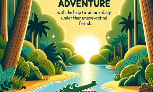 Une illustration destinée aux enfants représentant un crocodile pas comme les autres, vivant une aventure extraordinaire avec l'aide d'un ami inattendu, dans une luxuriante forêt tropicale où la rivière scintille sous les rayons dorés du soleil.