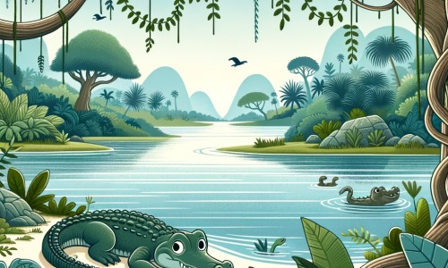 Une illustration destinée aux enfants représentant un crocodile curieux et solitaire, explorant une vaste et luxuriante jungle, entouré d'arbres majestueux, de lianes tressées et d'un grand lac aux eaux calmes et cristallines.