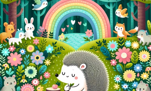Une illustration destinée aux enfants représentant un adorable hérisson, avec ses épines dressées, qui se retrouve seul dans une forêt enchantée remplie de fleurs colorées et d'animaux joyeux.