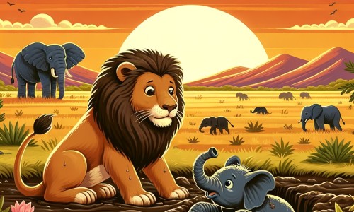 Une illustration pour enfants représentant un majestueux roi de la savane, confronté à des défis et trouvant l'amitié dans un monde sauvage.