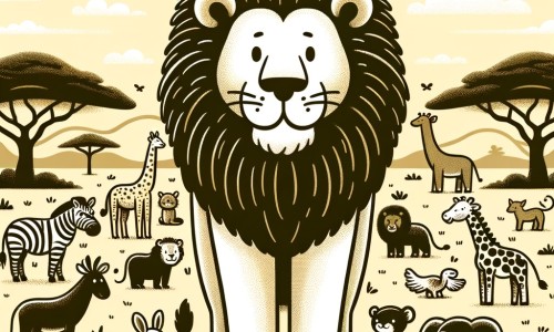 Une illustration destinée aux enfants représentant un majestueux lion, se tenant fièrement au milieu de la savane africaine, entouré de divers animaux curieux et admiratifs.