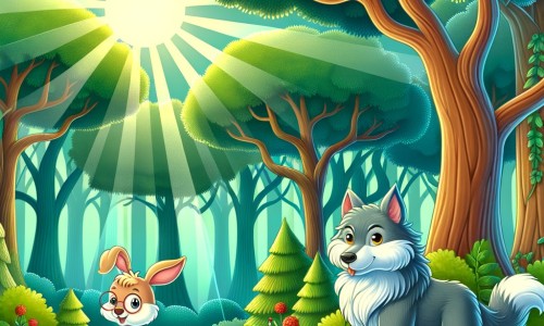 Une illustration destinée aux enfants représentant un loup courageux et rusé, accompagné d'un petit lapin malin, dans une forêt enchantée aux arbres majestueux et aux rayons de soleil qui filtrent à travers les feuilles verdoyantes.