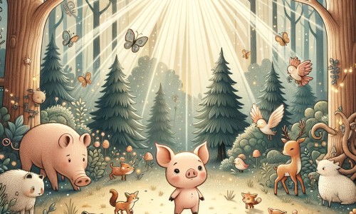 Une illustration destinée aux enfants représentant un adorable petit cochon curieux qui se retrouve dans une forêt enchantée, entouré d'animaux magiques, dans une clairière baignée de la douce lumière du soleil couchant.