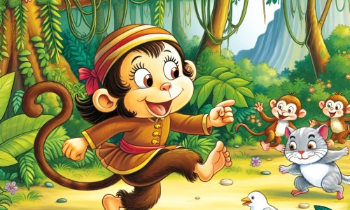 Une illustration pour enfants représentant une guenon espiègle, vivant dans la jungle dense, et jouant des tours amusants à ses amis animaux.