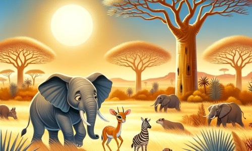 Une illustration pour enfants représentant un éléphant aventurier se trouvant dans une savane mystérieuse où il rencontre de nombreux animaux en détresse.