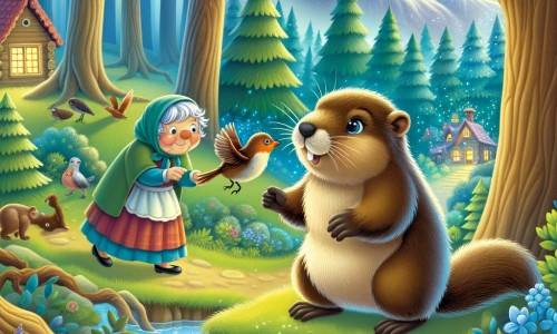 Une illustration pour enfants représentant une marmotte curieuse, vivant une aventure extraordinaire au cœur de la forêt enchantée.