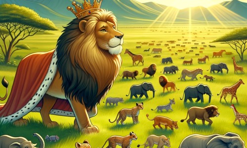 Une illustration destinée aux enfants représentant un roi majestueux de la savane, entouré de nombreux animaux, se déroulant dans une vaste prairie verdoyante baignée de la lumière chaude du soleil couchant.
