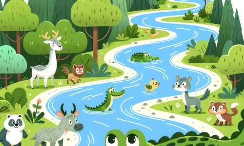 Une illustration destinée aux enfants représentant un crocodile courageux et curieux, accompagné de ses amis animaux, explorant une rivière profonde et sinueuse bordée d'une forêt luxuriante.