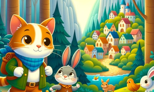 Une illustration destinée aux enfants représentant un chat curieux et aventurier, accompagné d'un lapin timide, découvrant un village coloré au milieu d'une forêt enchantée.