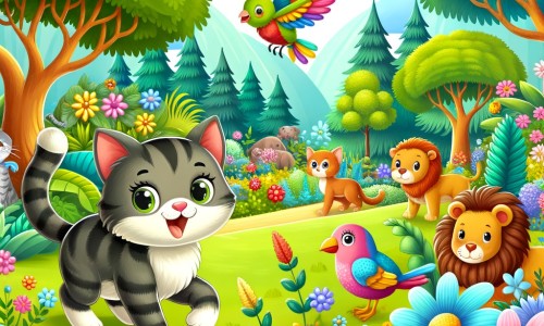 Une illustration destinée aux enfants représentant un chat curieux et aventurier, accompagné d'un oiseau coloré, explorant un jardin luxuriant rempli de fleurs multicolores, d'arbres majestueux et d'animaux joyeux.