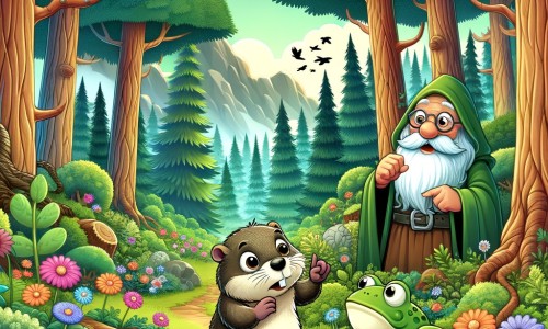 Une illustration destinée aux enfants représentant une marmotte curieuse se perdant dans une forêt enchantée, accompagnée d'une sage grenouille, entourée de grands arbres majestueux et de fleurs colorées.