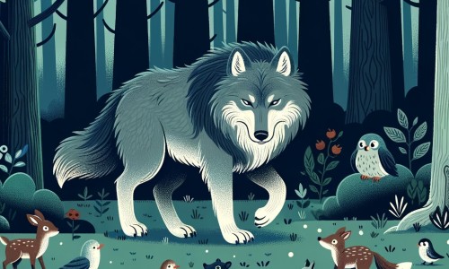 Une illustration destinée aux enfants représentant un majestueux loup solitaire, au pelage gris épais, évoluant dans une dense forêt sombre, où il rencontre de curieux animaux qui l'évitent par peur mais qui deviendront ses amis.