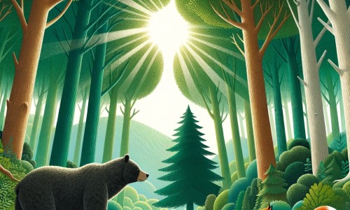Une illustration destinée aux enfants représentant un majestueux ours solitaire, se trouvant au cœur d'une dense forêt verdoyante, découvrant l'amitié et l'aventure grâce à la rencontre d'un renard malin, dans un paysage où les arbres s'élèvent fièrement vers le ciel et où les rayons du soleil filtrent à travers les feuilles.