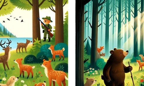 Une illustration pour enfants représentant une ourse sauvage qui doit apprendre à vivre en harmonie avec les autres animaux de la forêt, dans un lieu magique et mystérieux.