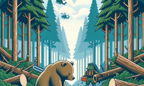 Une illustration pour enfants représentant un ourson solitaire dans une grande forêt, qui rêve d'aventures et qui découvre un jour que des hommes coupent les arbres.