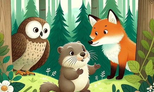 Une illustration destinée aux enfants représentant une petite marmotte curieuse, perdue dans une forêt luxuriante, qui rencontre une chouette sage et un renard rusé pour l'aider à retrouver sa famille.