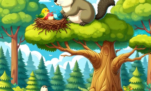 Une illustration destinée aux enfants représentant une marmotte curieuse, perchée au sommet d'un majestueux arbre de la forêt dense et verdoyante, découvrant un nid d'oiseaux colorés, avec en toile de fond un ciel bleu parsemé de nuages blancs cotonneux.