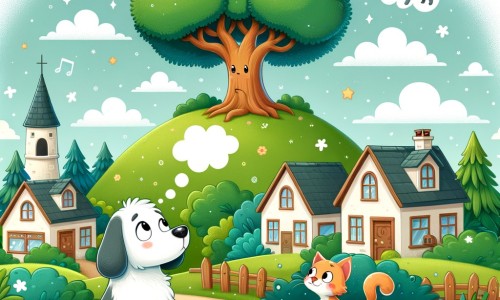 Une illustration destinée aux enfants représentant un chien rêveur dans un village pittoresque, accompagné d'un chat curieux, se tenant devant un majestueux arbre perché au sommet d'une montagne verdoyante.