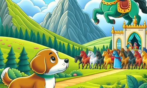 Une illustration pour enfants représentant un petit chien solitaire dans une prairie verdoyante entourée de collines, qui rencontre un cheval majestueux et part en quête pour retrouver un collier magique volé.