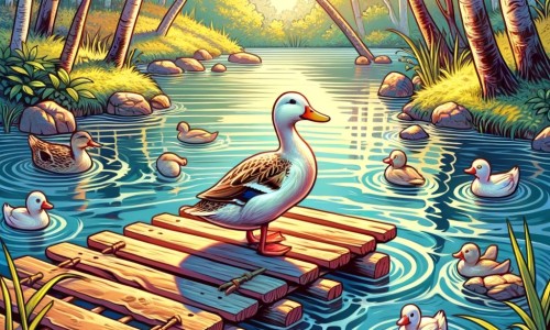 Une illustration pour enfants représentant un charmant canard se retrouvant dans une situation périlleuse, au beau milieu d'un étang paisible.