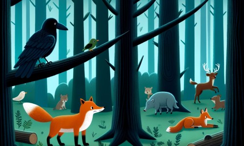 Une illustration pour enfants représentant un corbeau solitaire, triste et mélancolique, qui vit dans une forêt dense et mystérieuse.