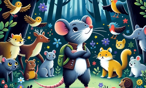 Une illustration destinée aux enfants représentant un petit rat malin et courageux, entouré de ses amis animaux, dans une forêt dense et sombre remplie d'arbres majestueux, de fleurs colorées et d'animaux curieux.
