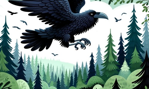 Une illustration pour enfants représentant un corbeau majestueux volant au-dessus d'une forêt dense, prêt à aider un ami dans le besoin.